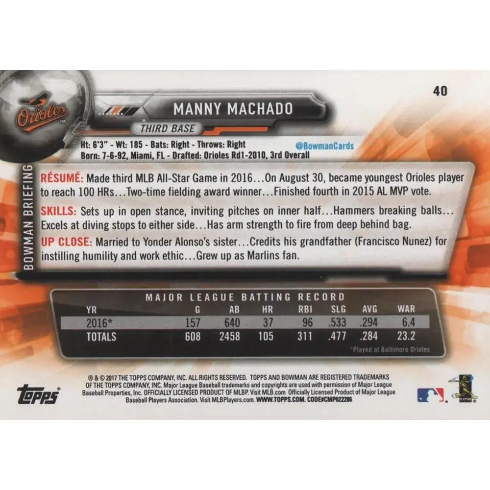 2017 Bowman Manny Machado # 40 Baltimore Orioles